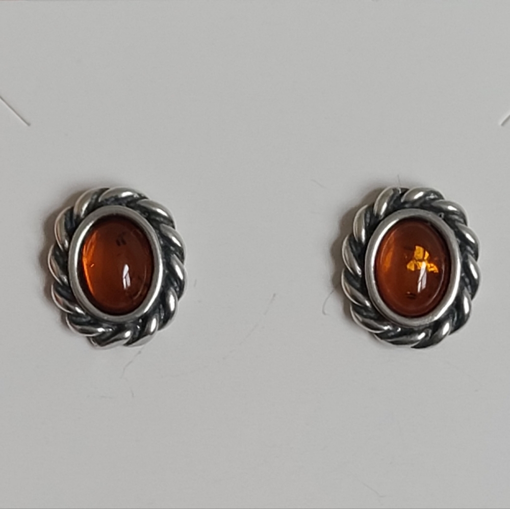 Vintage Boho Sterling Silver Twisted Baltic Orange Amber Oval Stud Earrings